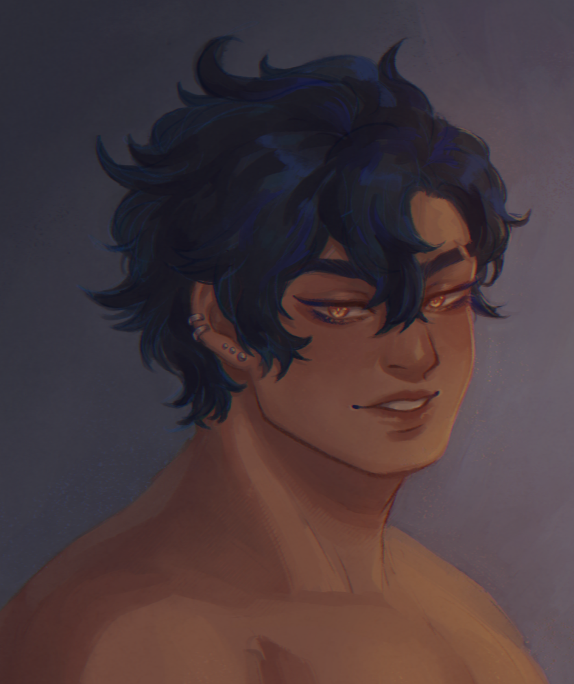 digital painting of my character D smirking at the viewer