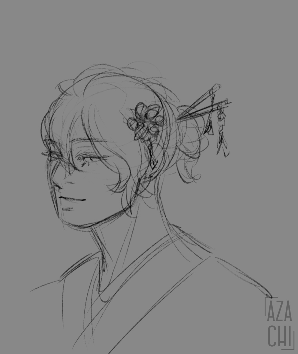 rough bust sketch of Jun wearing a yukata and some hair accessories