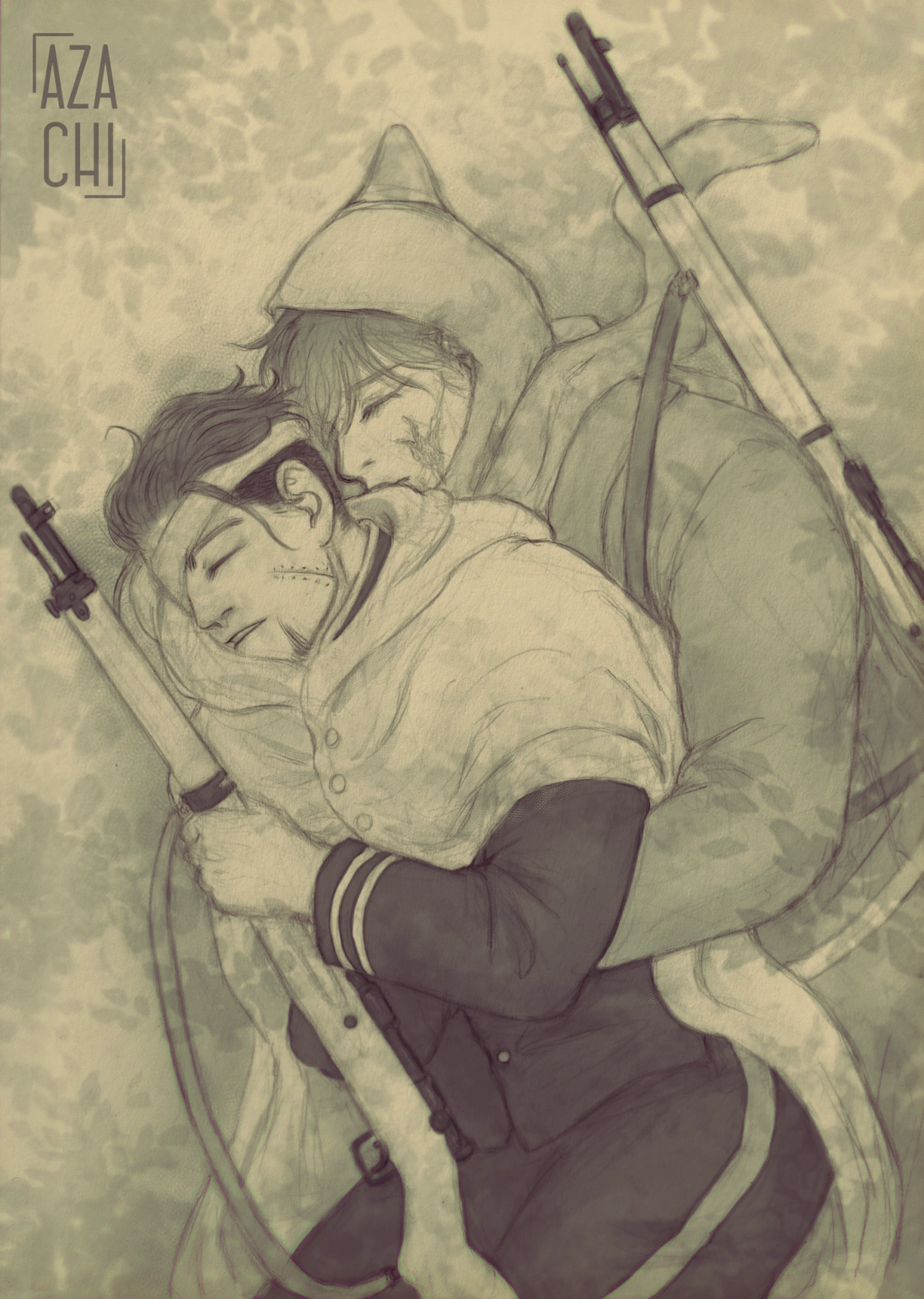 digitally shaded sketch of Ogata and Vasily cuddled up sleeping on the ground. Ogata is holding his rifle in his sleep, Vasily has a hand around him as he spoons him
