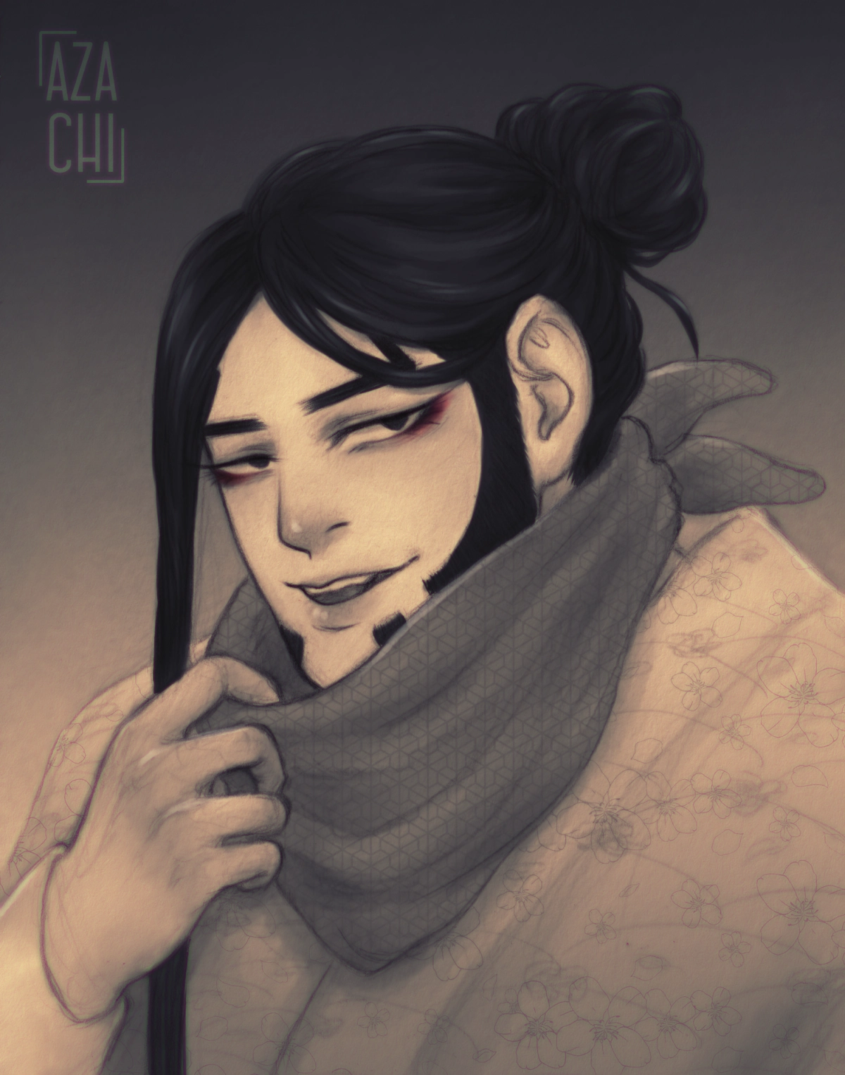 digitally shaded sketch of Boutarou in his geisha disguise looking at the viewer, pulling his scarf down to reveal his smug smirk