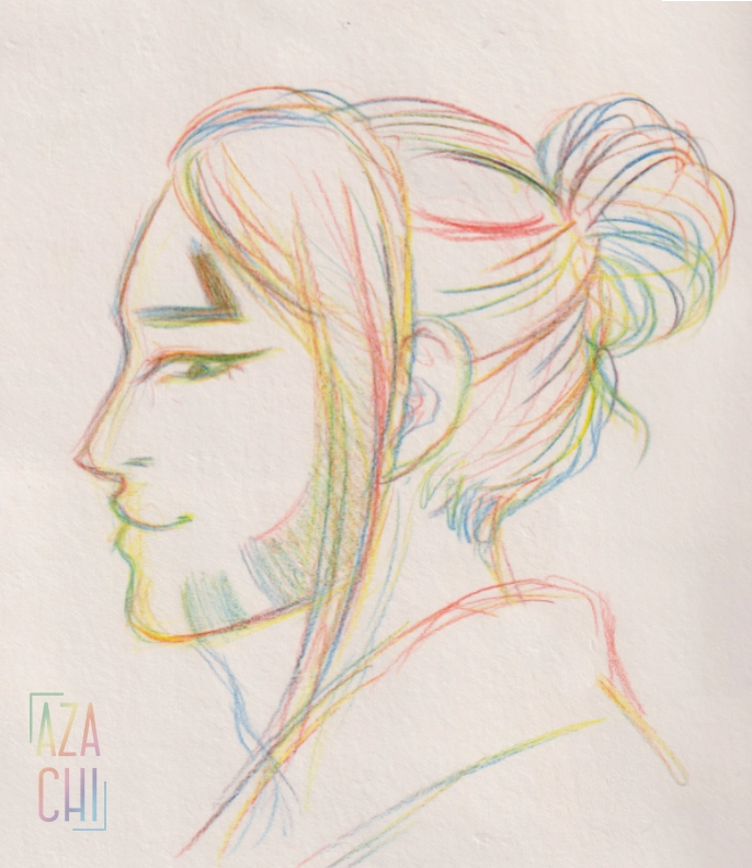 traditional rainbow pencil sketch of Boutarou in his geisha disguise from profile view, looking at the viewer with a smile