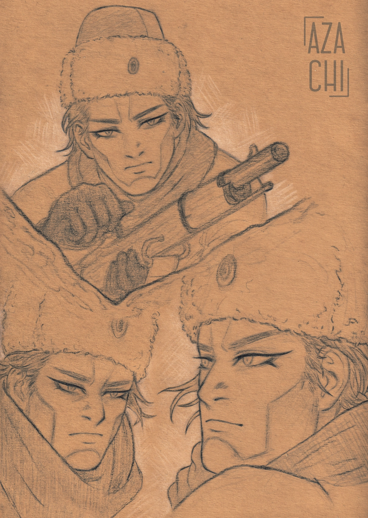 toned paper sketchpage of Vasily's first appearance in golden kamuy
