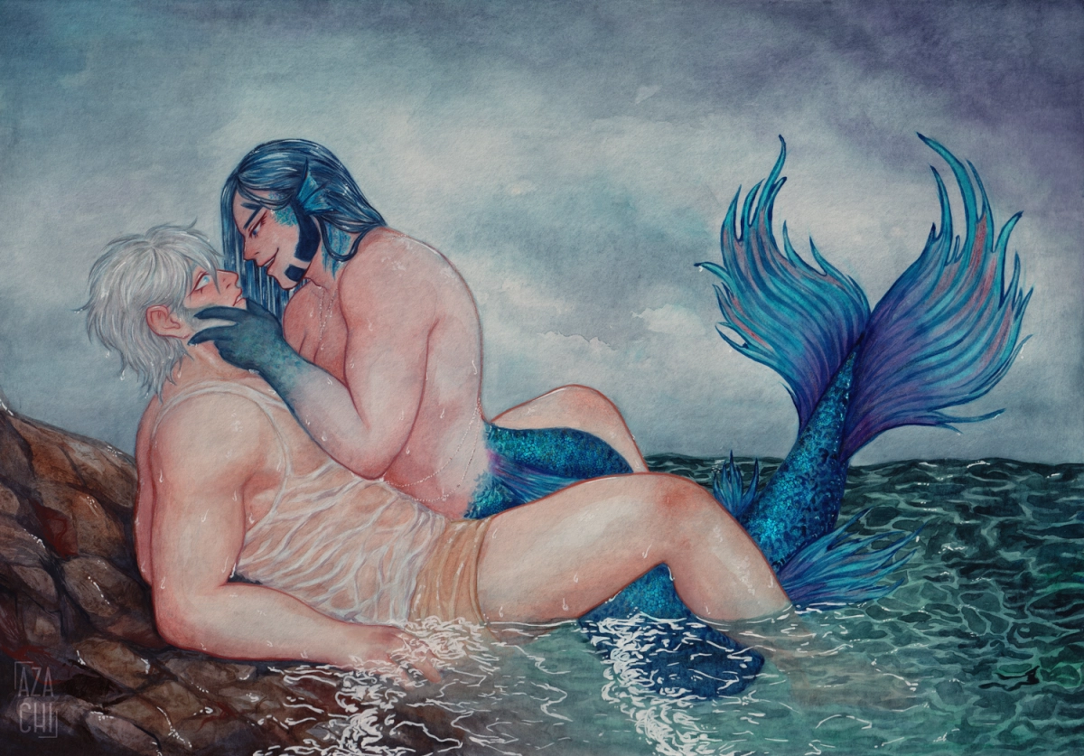 watercolor painting of Vasily and Boutarou in a stormy seascape. Vasily is washed up on a rocky bit of land leaning on his elbows with merman Boutarou on top of him grabbing his face with his mouth open in a pleased smile