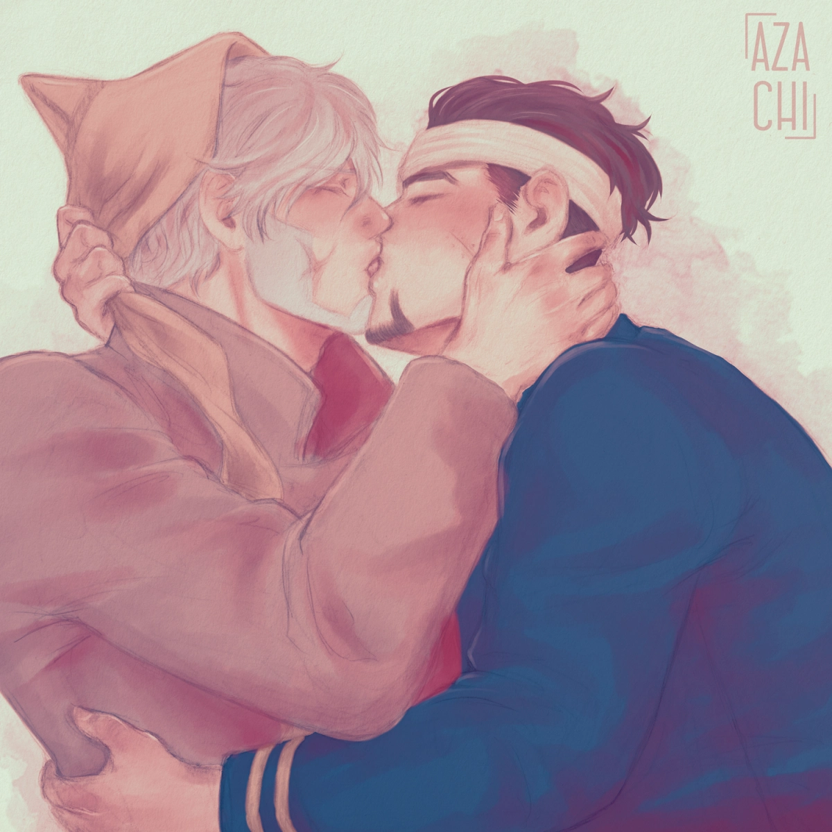 digitally colored traditional sketch of Vasily and Ogata making out