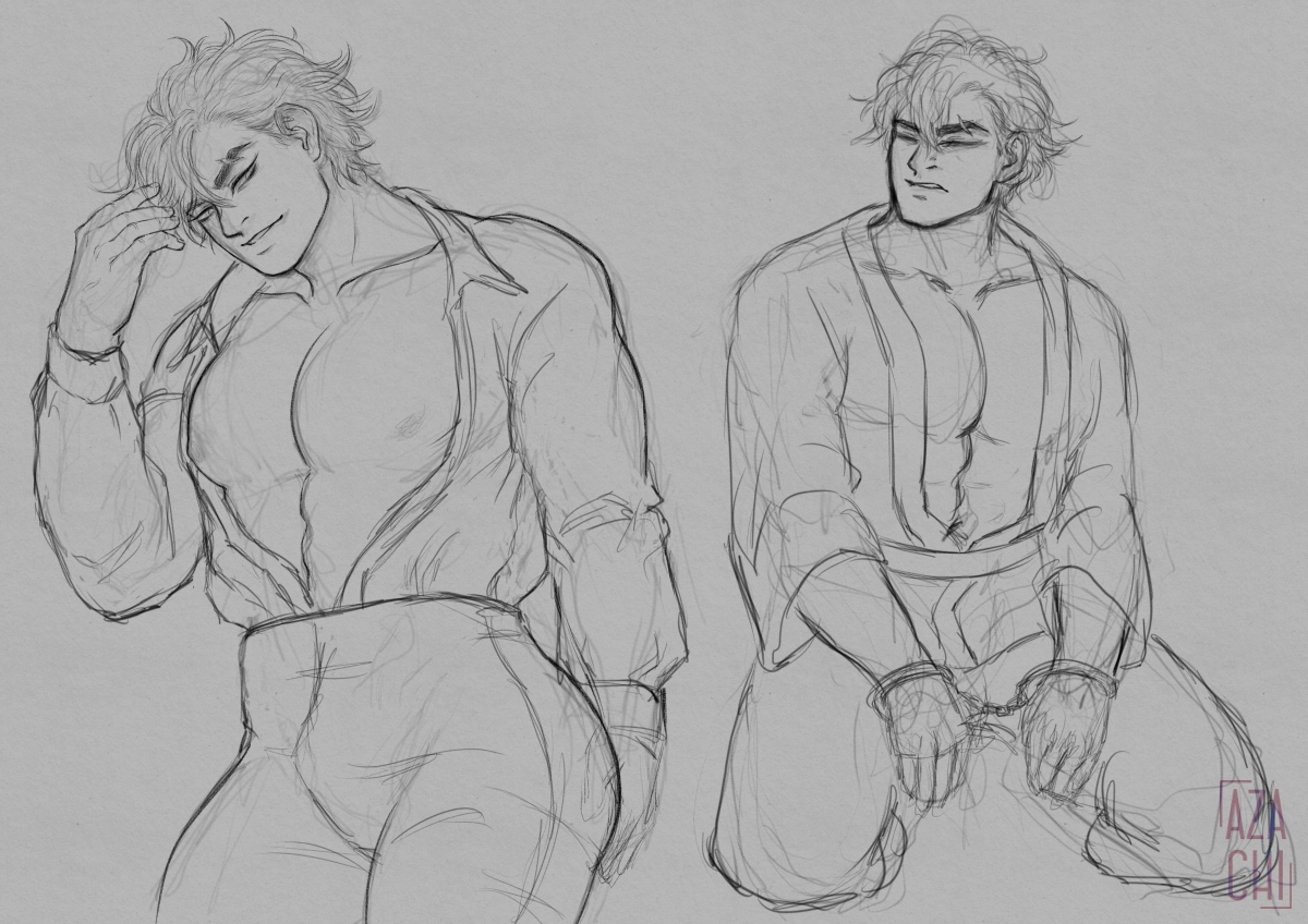 digital sketch of D in his default outfit of a shirt that has his whole titties out paired with high waisted pants, and another one with him kneeling with his hands bound with a handcuff, he's wearing the abashiri prisoner's uniform