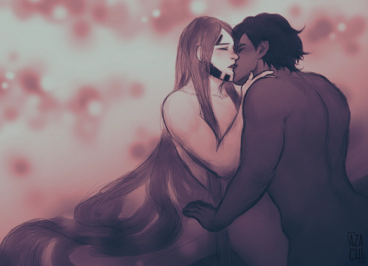 digital sketch of D kissing Boutarou with Boutarou's long hair spread out behind him. they're both naked
