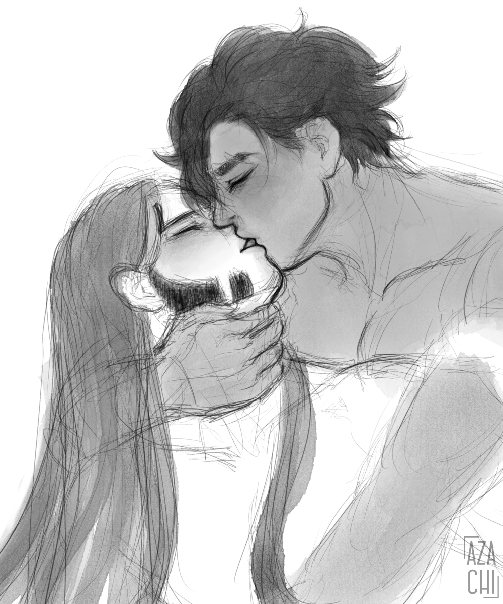 digital sketch of D fucking Boutarou and lifting his head to kiss him